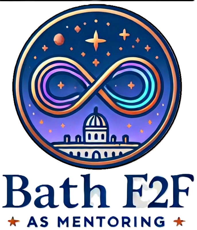 Logo for Bath F2F Autism Mentoring. A circular design featuring a golden rainbow infinity loop surrounded by stars and planets, with a line drawing of the Royal Crescent beneath.