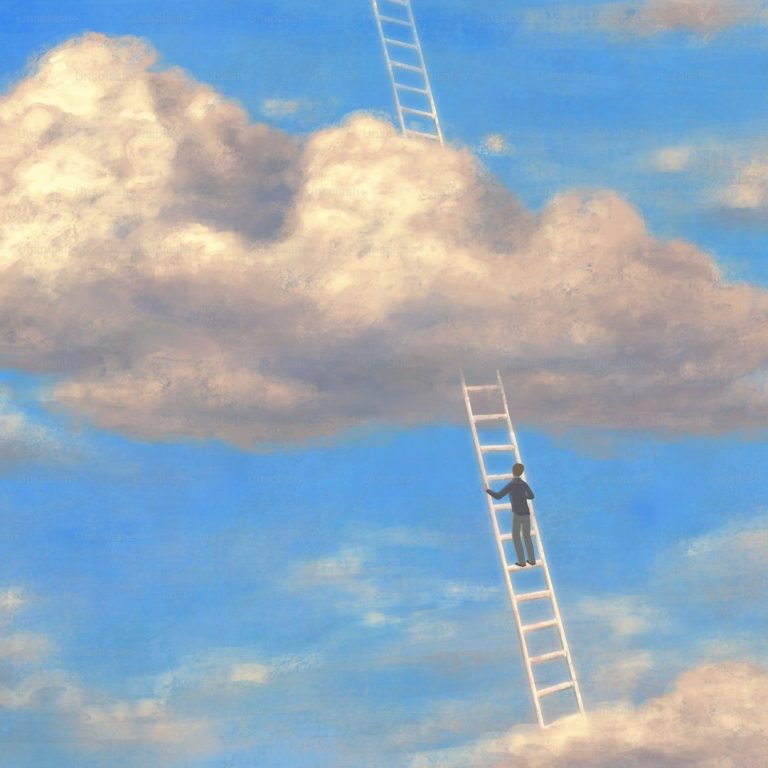 Blue sky with soft clouds and white ladders extending upward into the sky — symbolising growth, opportunity, and future planning.